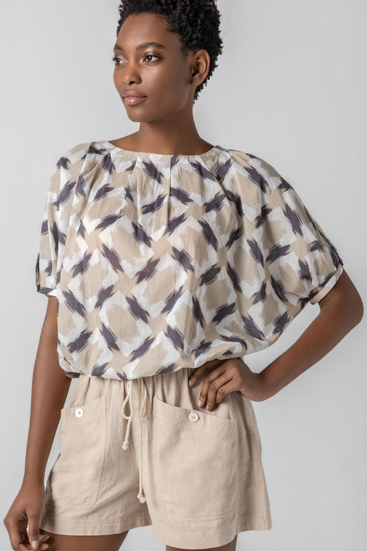Short Sleeve Tie Waist Top Womens Top Neutral Ikat Print A1