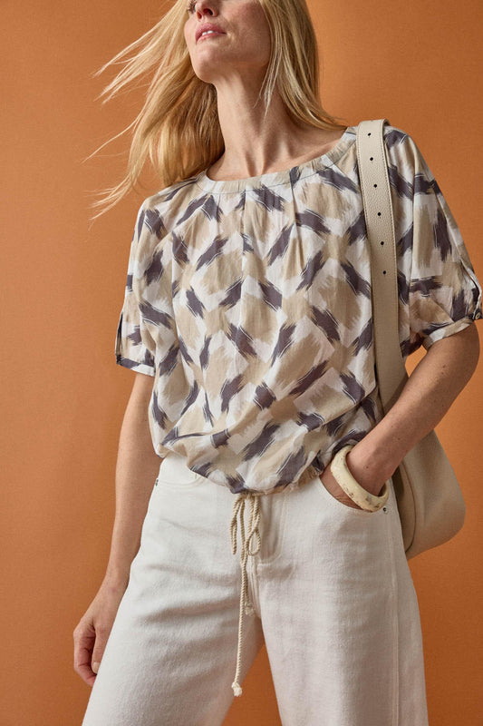 Short Sleeve Tie Waist Top Womens Top Neutral Ikat Print C1