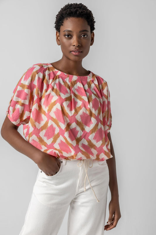 Short Sleeve Tie Waist Top Womens Top Punch Ikat Print A1