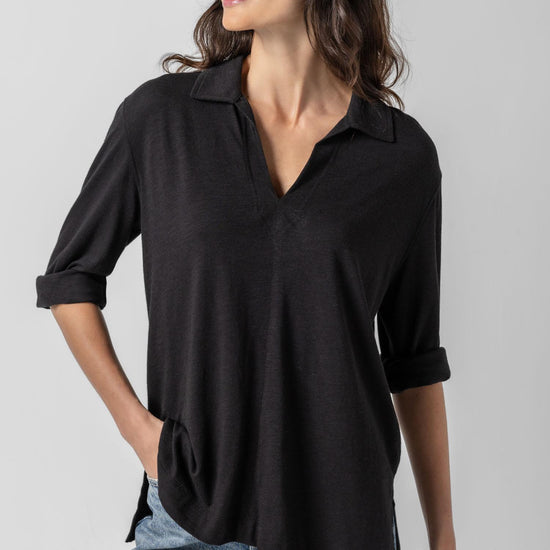 3/4 Sleeve Split Neck Tunic Womens Top Black A1