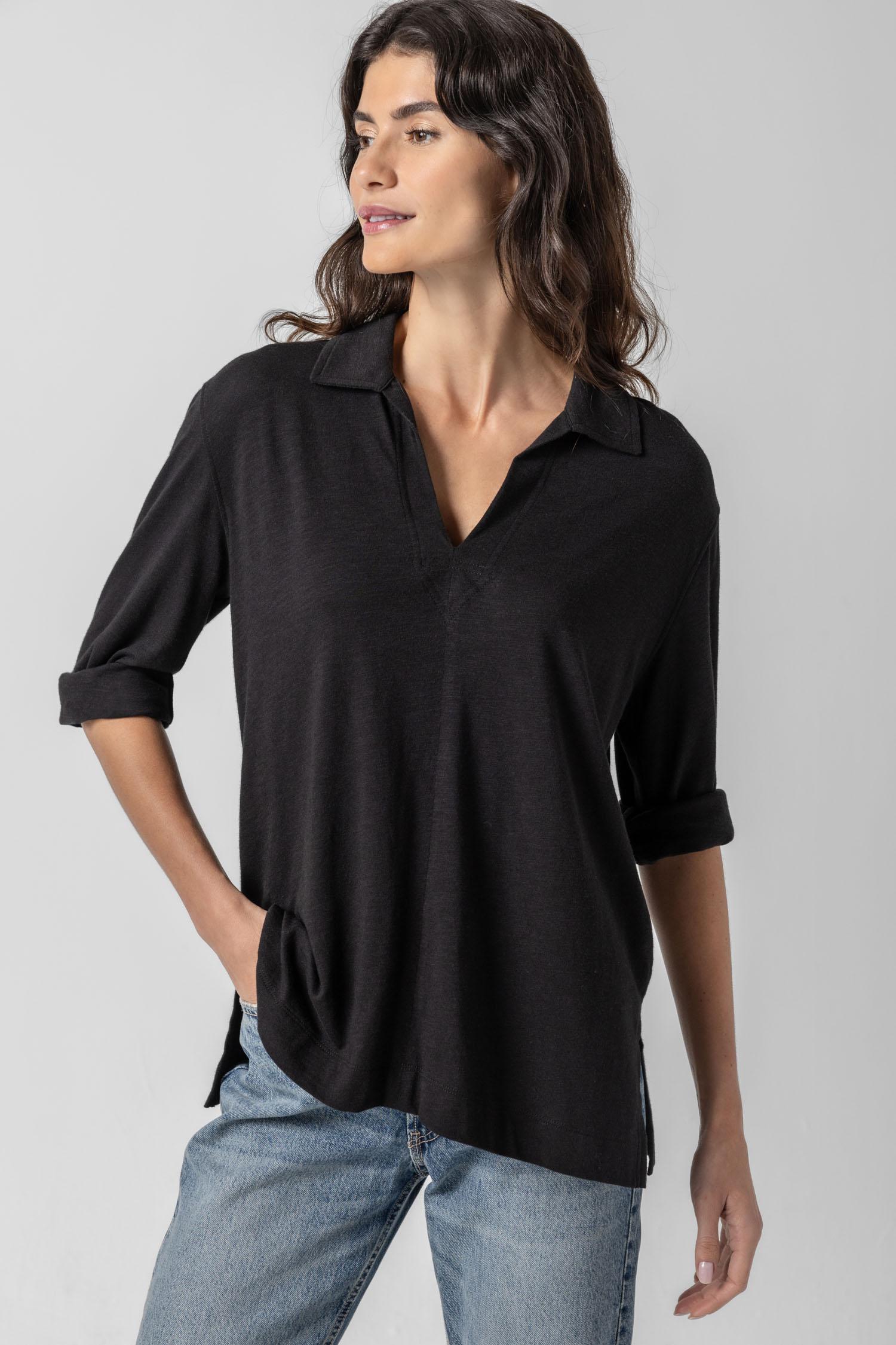 3/4 Sleeve Split Neck Tunic Womens Top Black A1