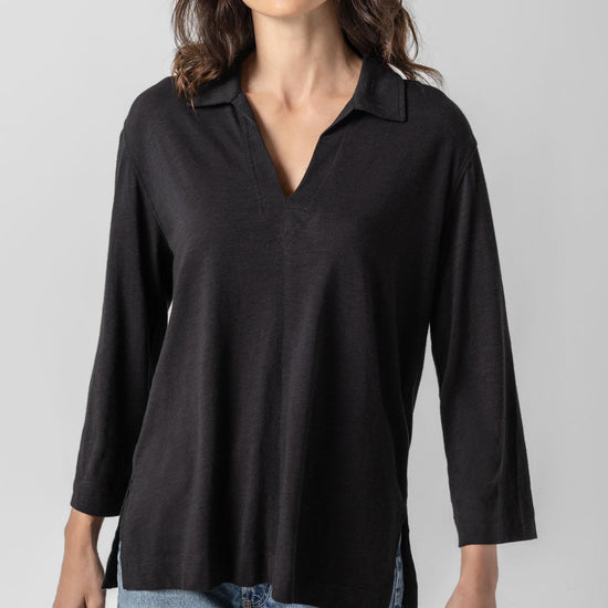 3/4 Sleeve Split Neck Tunic Womens Top Black A2