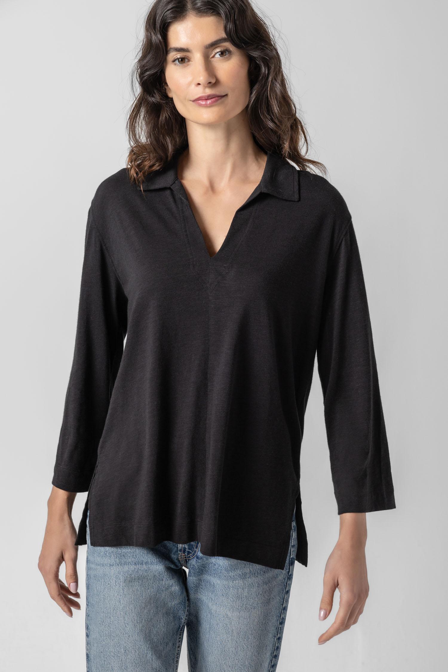 3/4 Sleeve Split Neck Tunic Womens Top Black A2