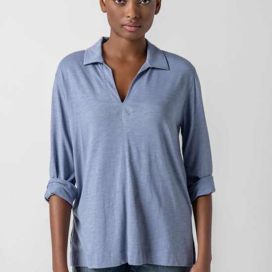 3/4 Sleeve Split Neck Tunic Womens Top Indigo A1