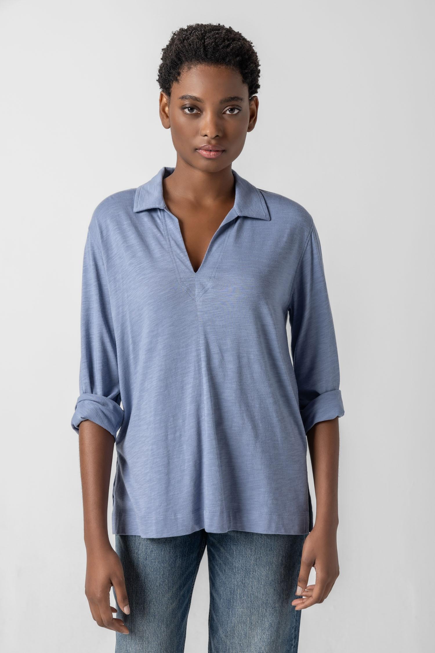 3/4 Sleeve Split Neck Tunic Womens Top Indigo A1