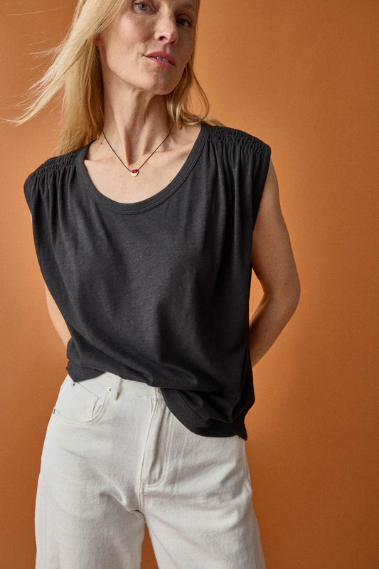 Shirred Shoulder Scoop Neck in color Black Image C1