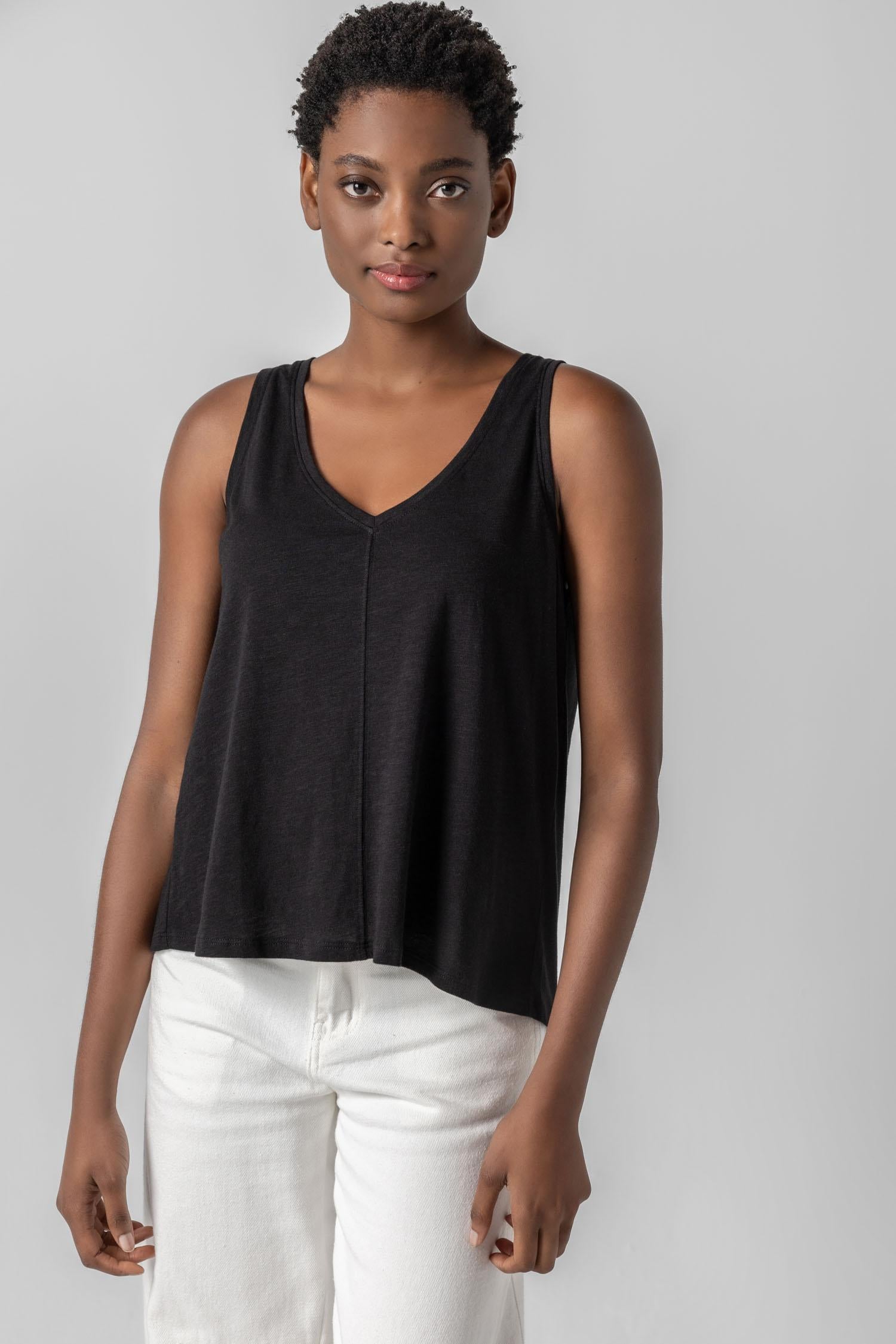 Shirred Back V-Neck Tank in color Black Image A1