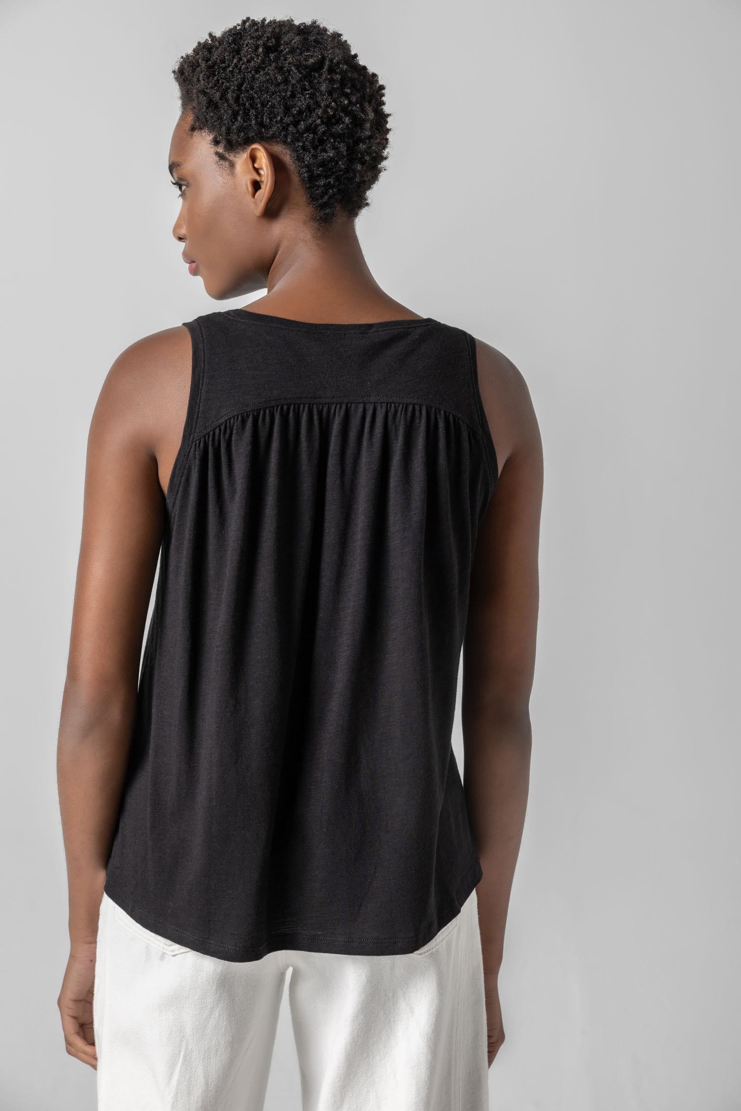 Shirred Back V-Neck Tank in color Black Image A2