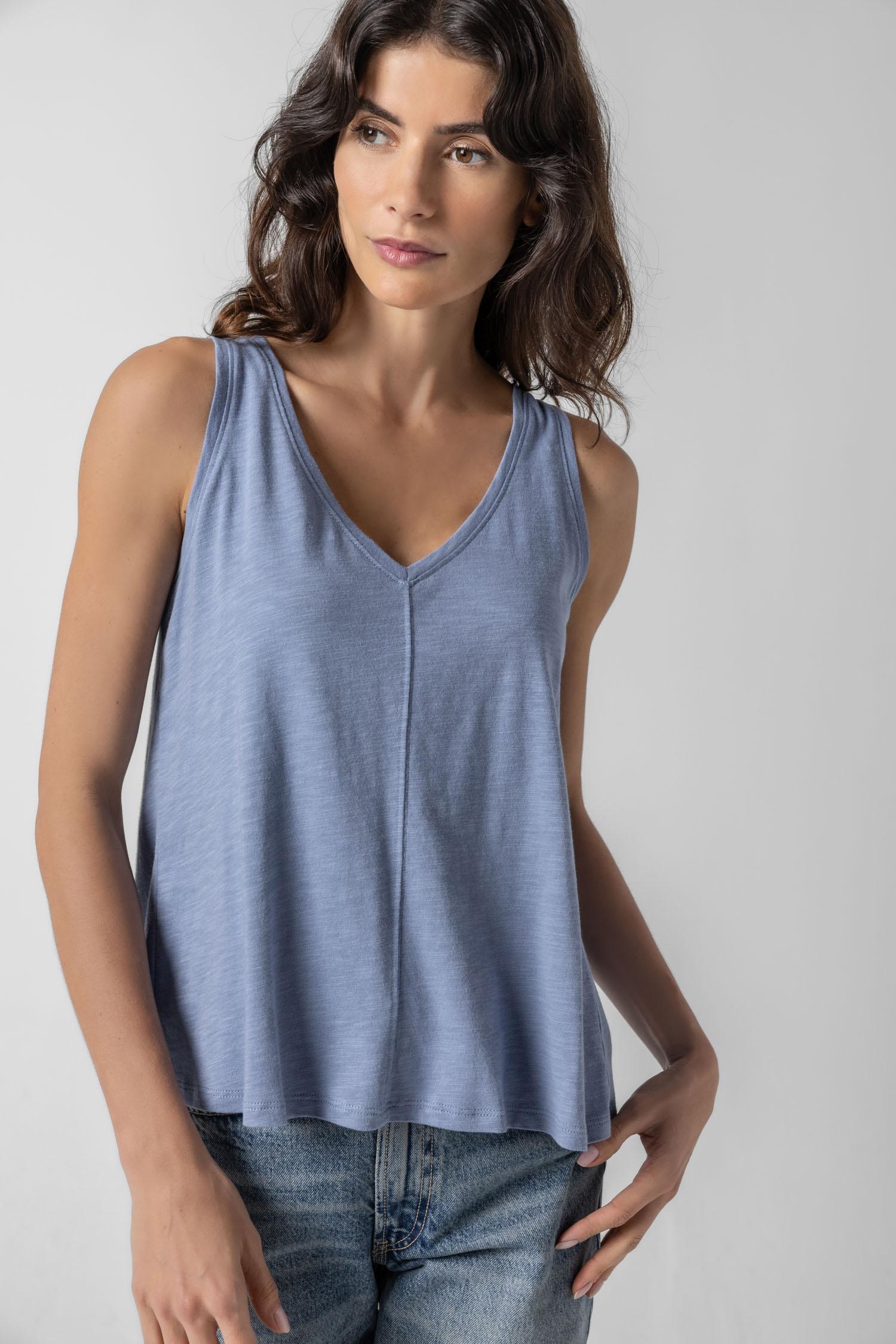 Shirred Back V-Neck Tank in color Indigo Image A1