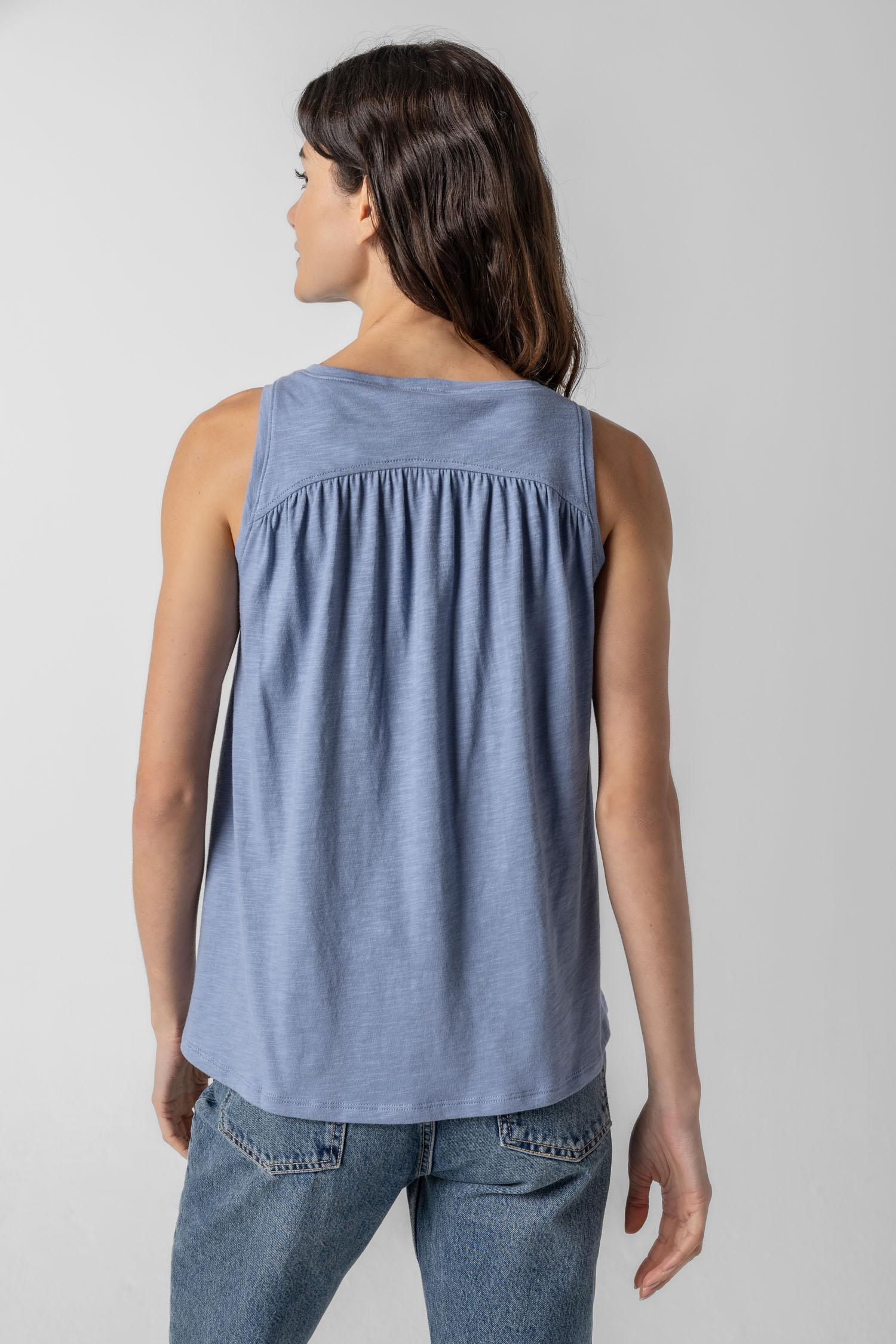 Shirred Back V-Neck Tank in color Indigo Image A2