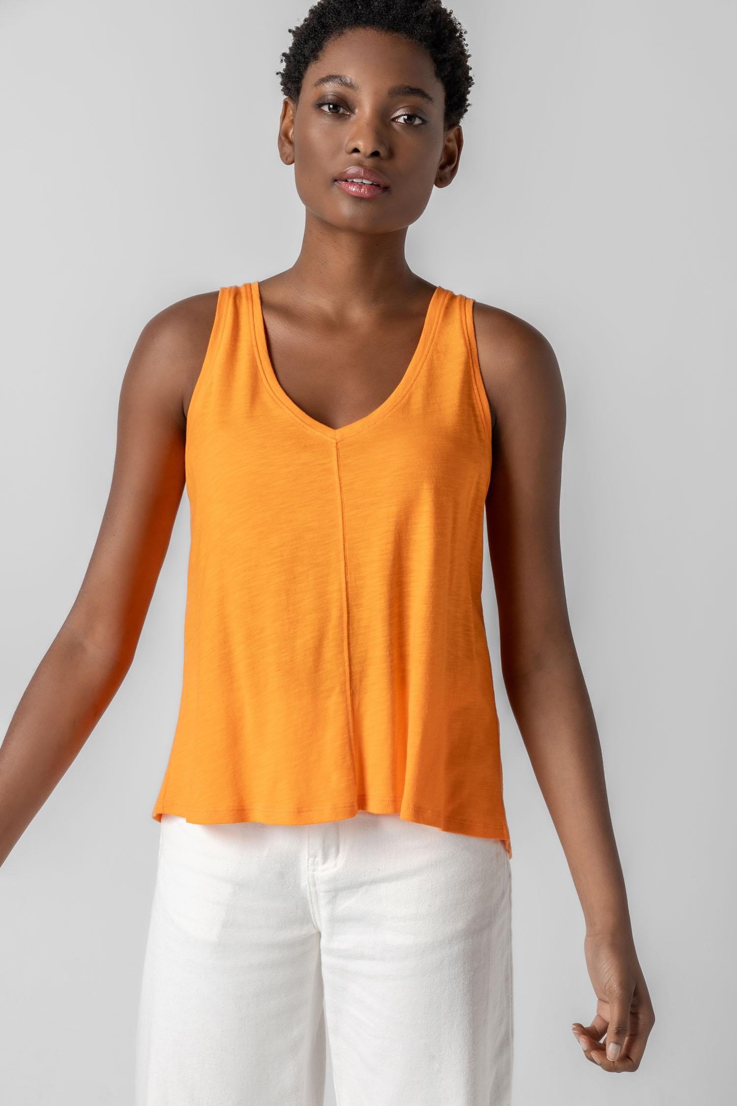 Shirred Back V-Neck Tank in color Sunkist Image A1