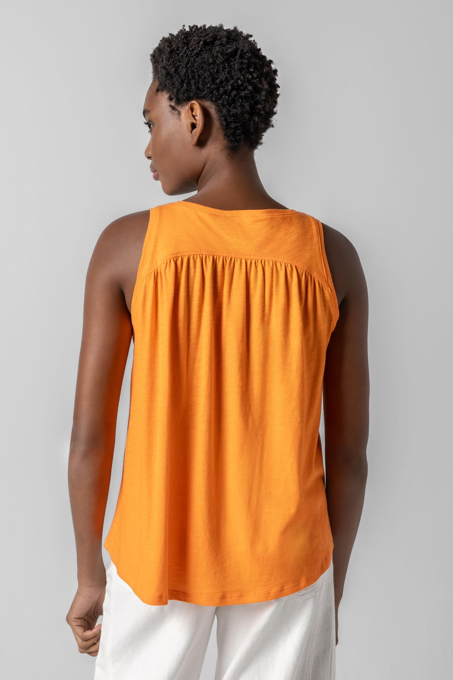 Shirred Back V-Neck Tank in color Sunkist Image A2