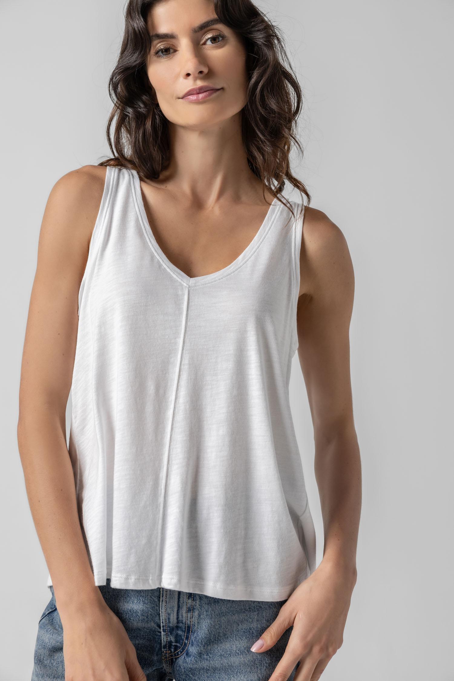 Shirred Back V-Neck Tank in color White Image A1