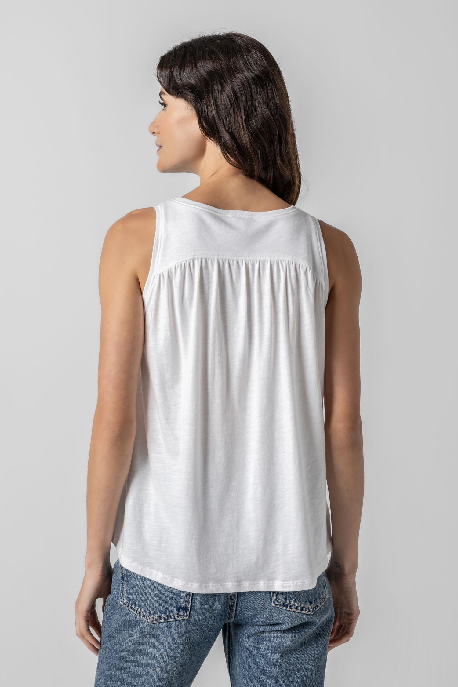 Shirred Back V-Neck Tank in color White Image A2