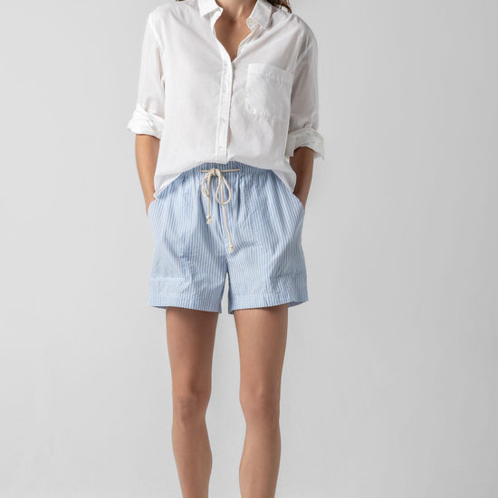 <p>The Striped Pocket Short combines casual comfort with a touch of nautical flair. Designed with an elastic waistband and a natural rope drawcord, these crisp poplin shorts are as practical as they are stylish. Pair them with the coordinating shirt for a head-to-toe look, or style them with one of our solid tees for an effortless summer outfit.</p> Womens Short Malibu Stripe A5
