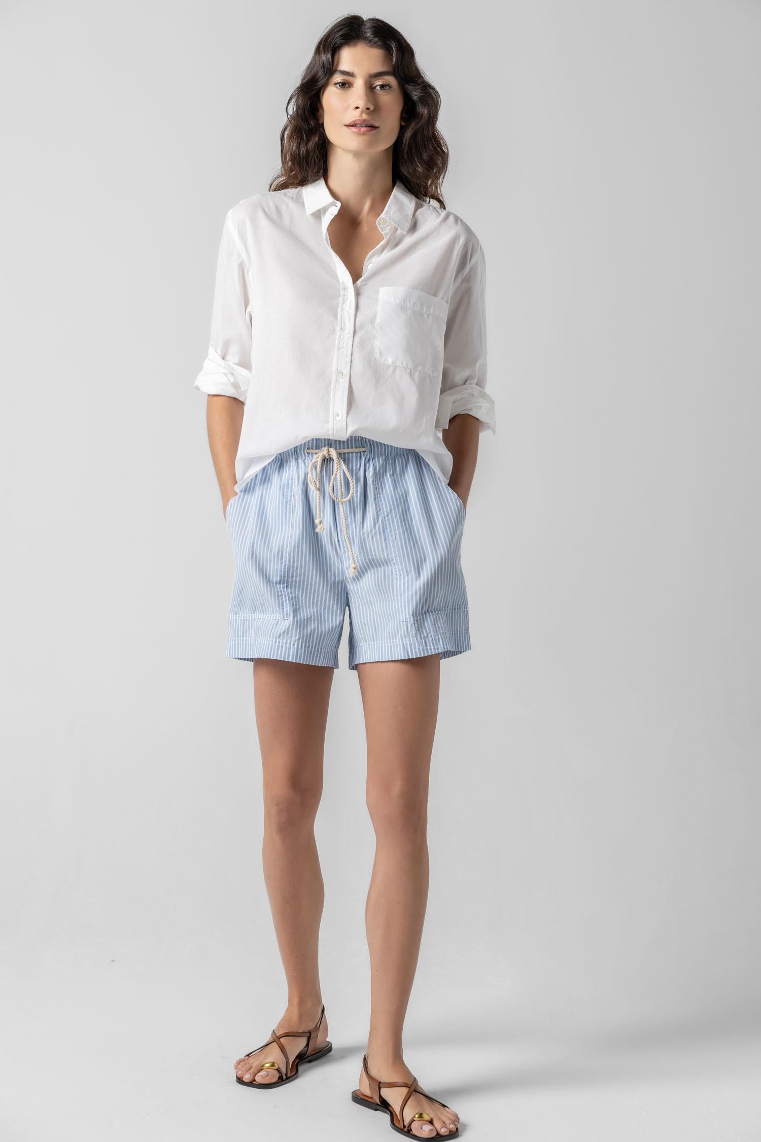 <p>The Striped Pocket Short combines casual comfort with a touch of nautical flair. Designed with an elastic waistband and a natural rope drawcord, these crisp poplin shorts are as practical as they are stylish. Pair them with the coordinating shirt for a head-to-toe look, or style them with one of our solid tees for an effortless summer outfit.</p> Womens Short Malibu Stripe A5