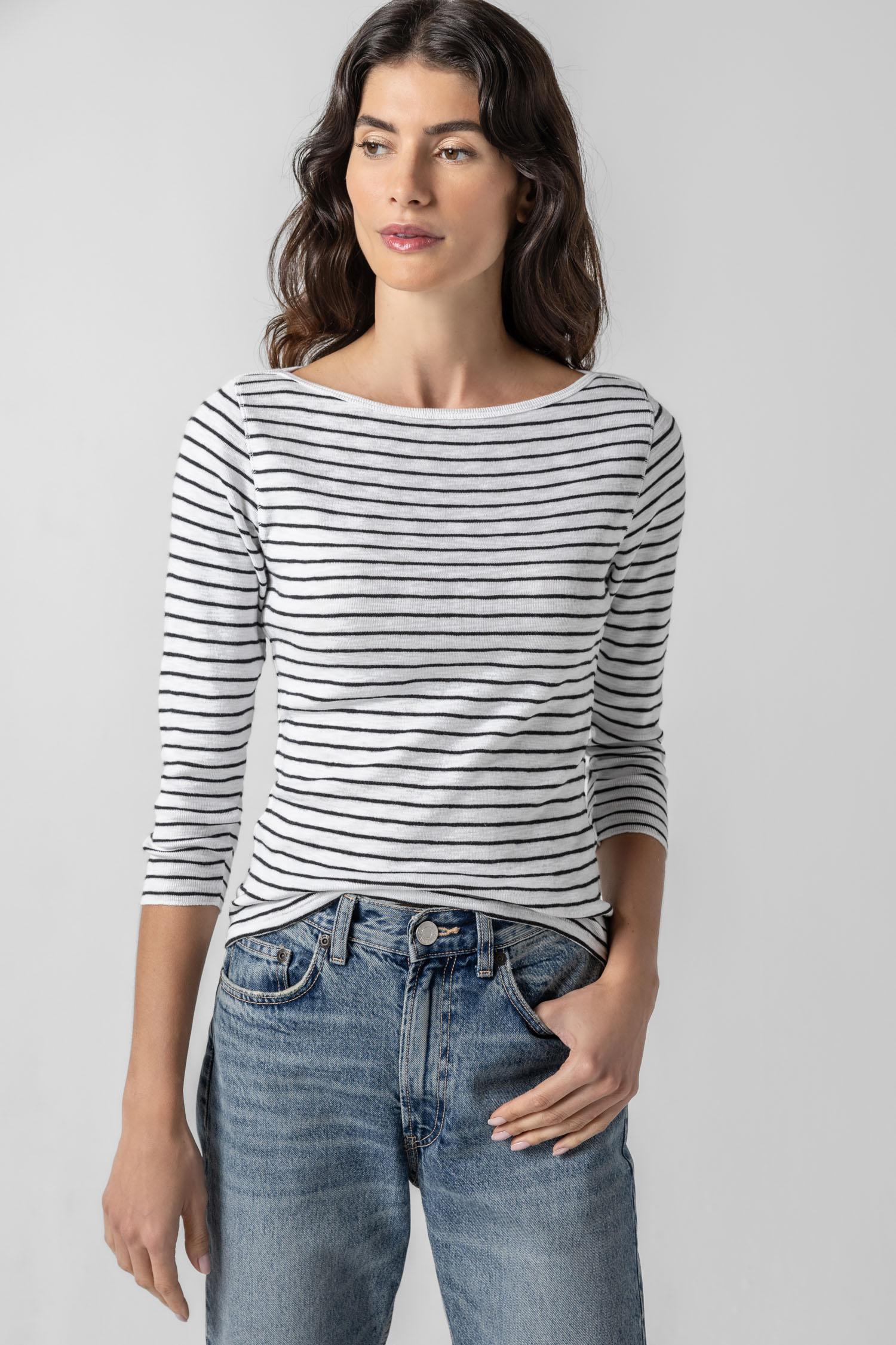 Striped 3/4 Sleeve Boatneck Womens Top Black Stripe A1
