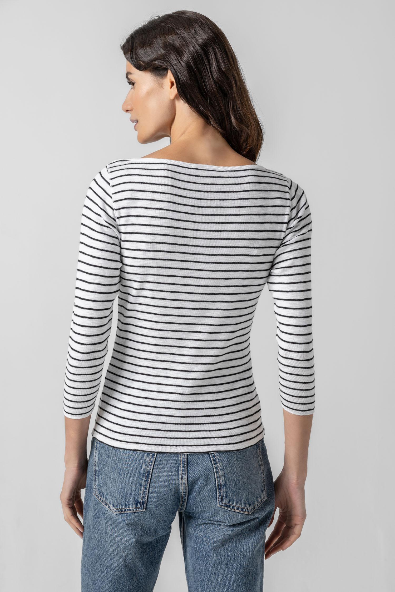 Striped 3/4 Sleeve Boatneck Womens Top Black Stripe A2