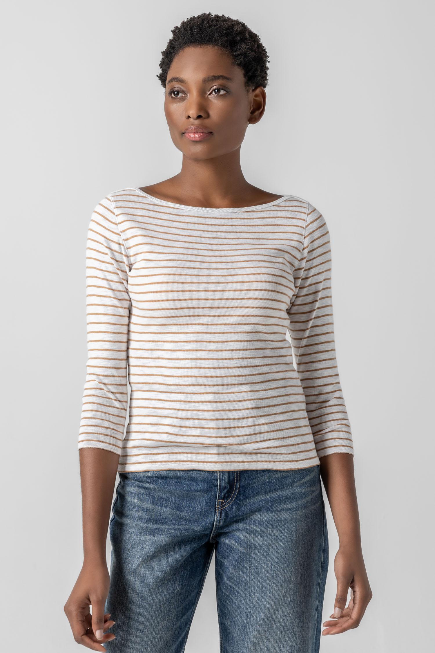 Striped 3/4 Sleeve Boatneck Womens Top Teak Stripe A1