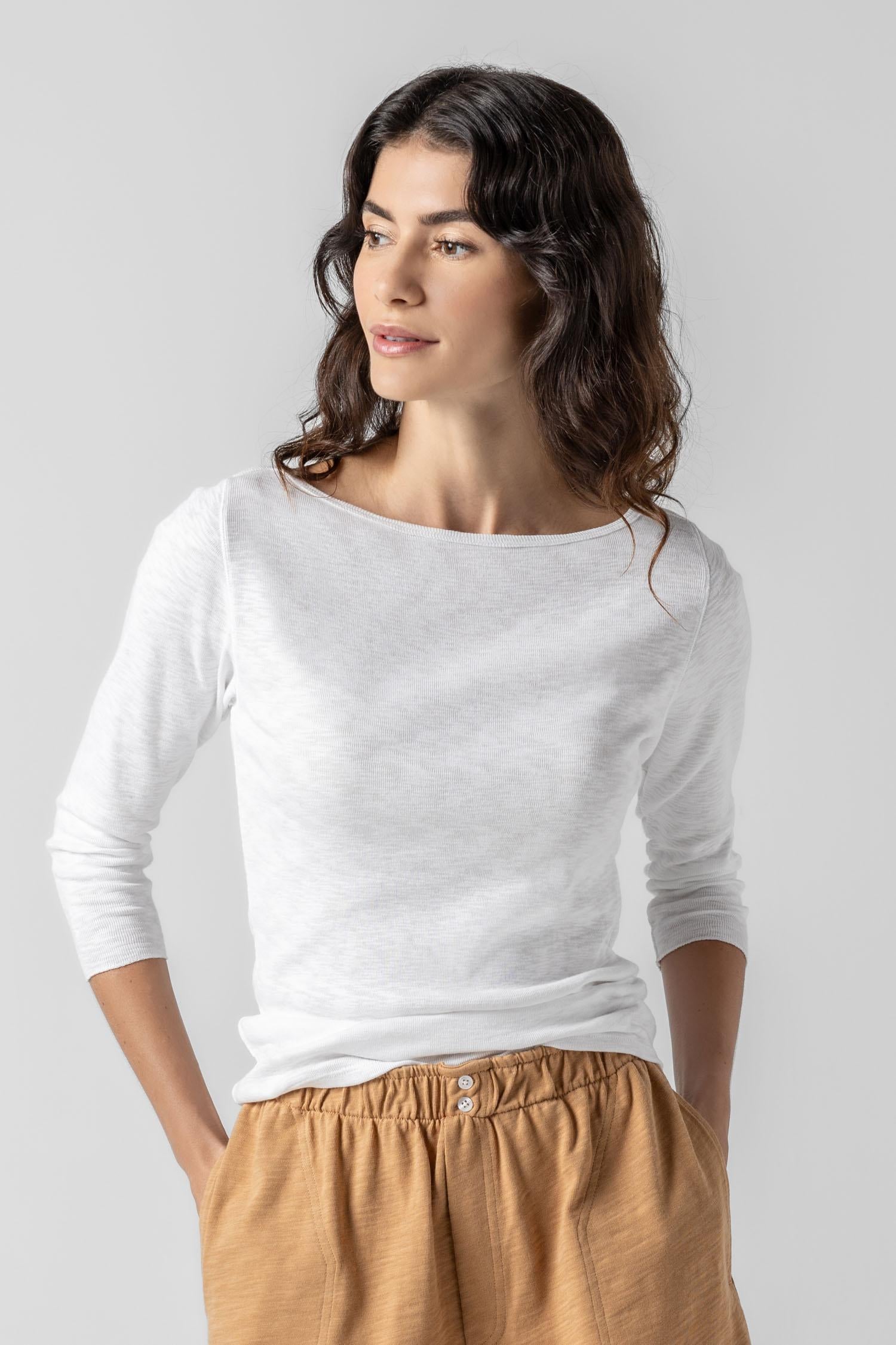 Striped 3/4 Sleeve Boatneck Womens Top White A1