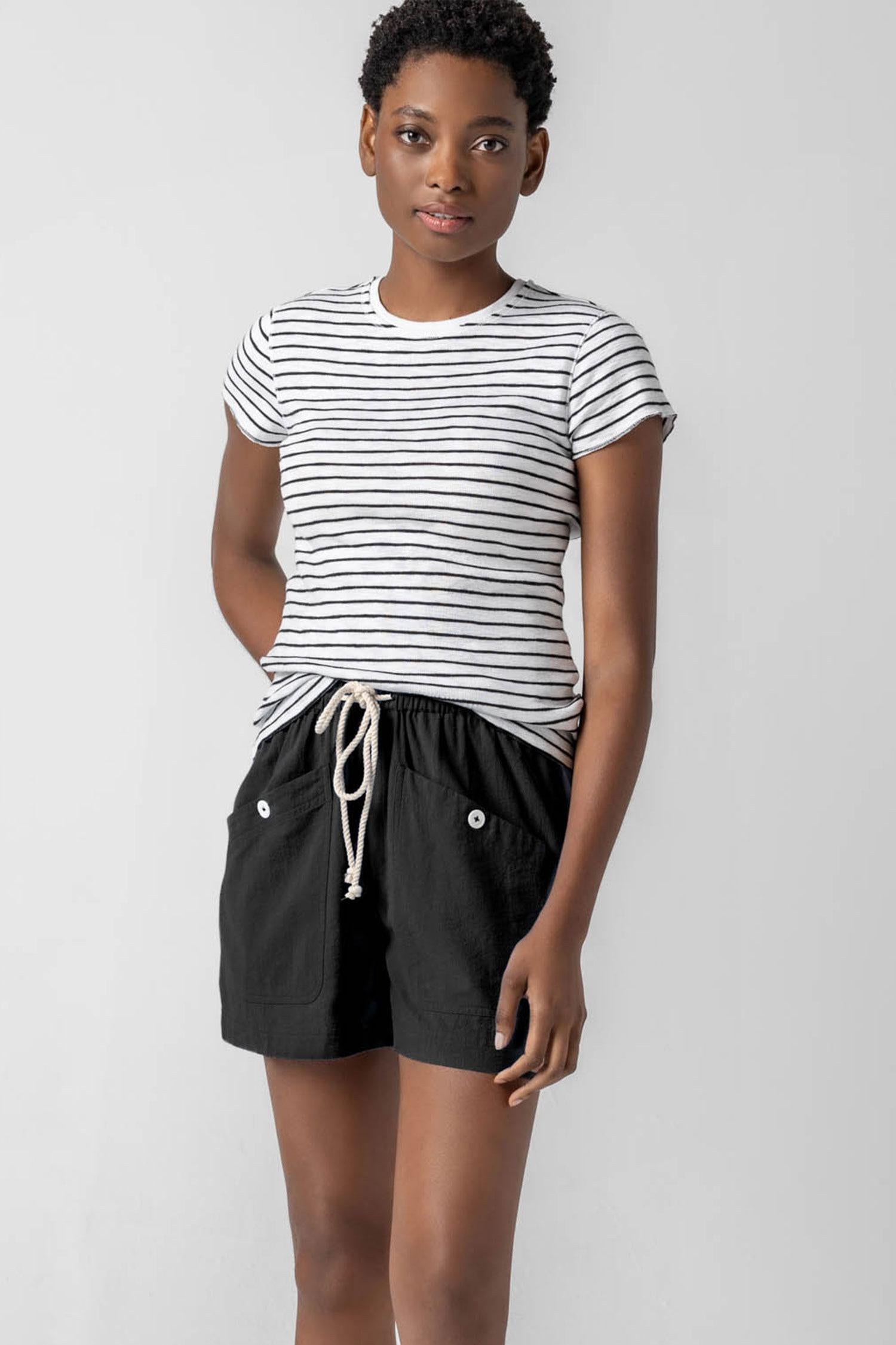 <p>This Striped Crewneck is a timeless tee with a slim shape designed to fit close to the body. Available in solid black and white, as well as three striped colorways, this classic silhouette is an essential addition to any wardrobe—proving that the perfect tee just got even better!</p> Womens Top Black Stripe A1