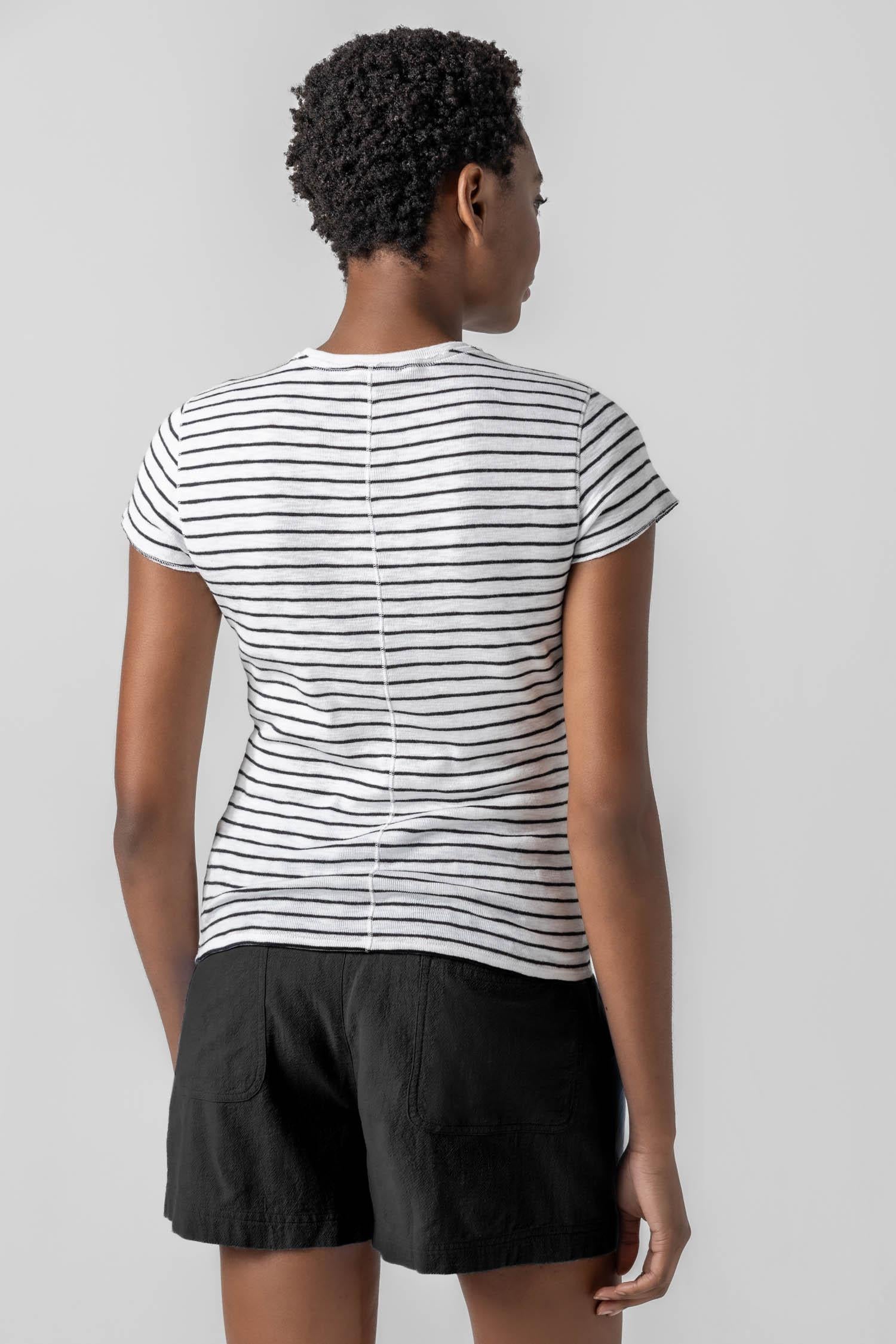 <p>This Striped Crewneck is a timeless tee with a slim shape designed to fit close to the body. Available in solid black and white, as well as three striped colorways, this classic silhouette is an essential addition to any wardrobe—proving that the perfect tee just got even better!</p> Womens Top Black Stripe A2