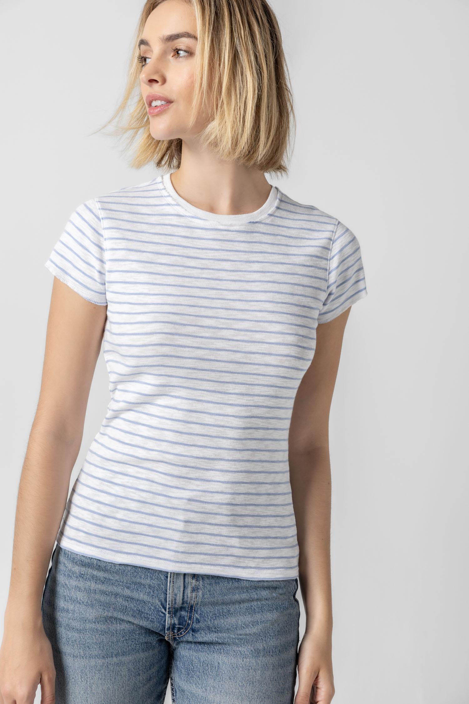 <p>This Striped Crewneck is a timeless tee with a slim shape designed to fit close to the body. Available in solid black and white, as well as three striped colorways, this classic silhouette is an essential addition to any wardrobe—proving that the perfect tee just got even better!</p> Womens Top Surf Stripe A1