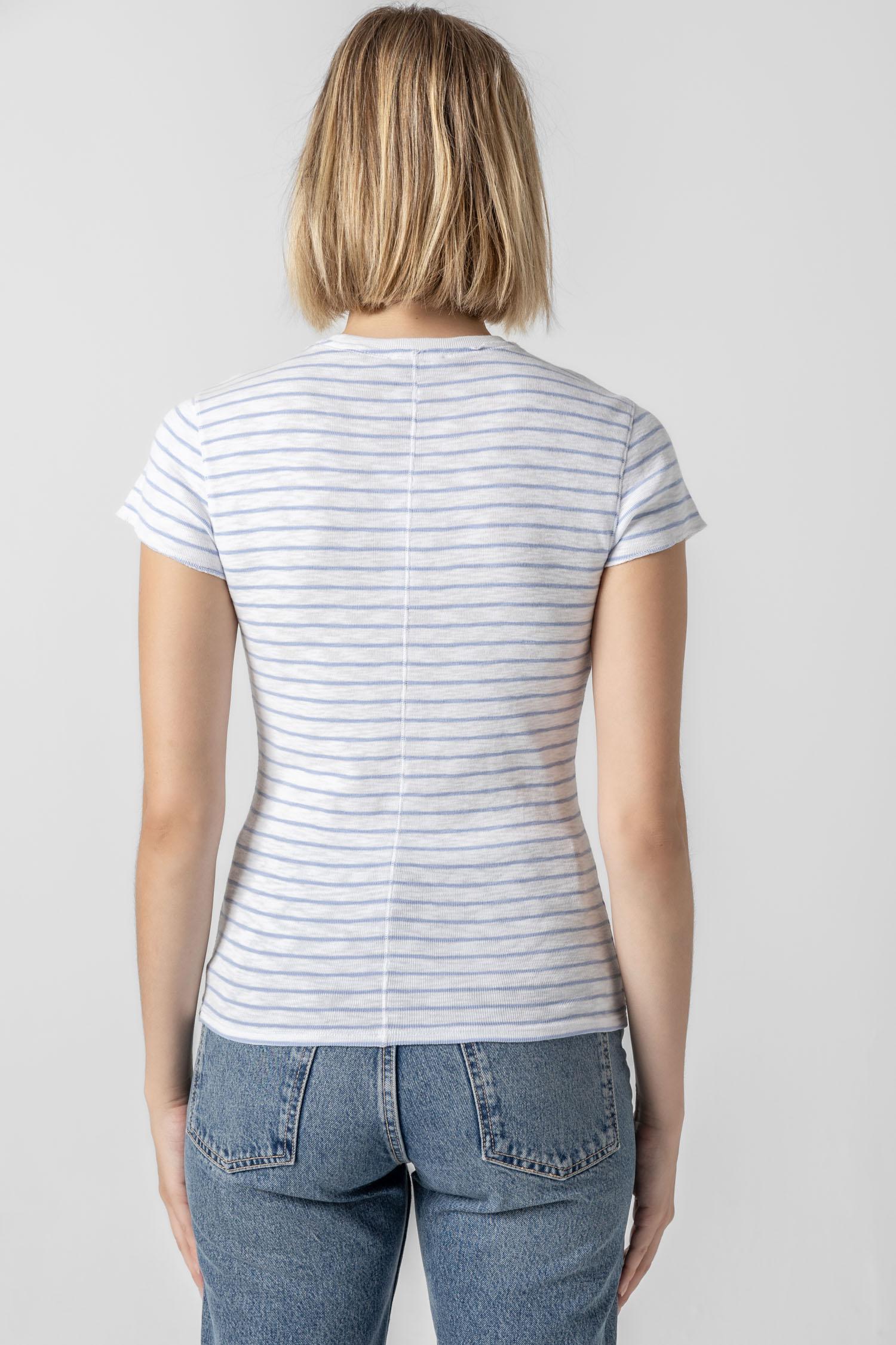 <p>This Striped Crewneck is a timeless tee with a slim shape designed to fit close to the body. Available in solid black and white, as well as three striped colorways, this classic silhouette is an essential addition to any wardrobe—proving that the perfect tee just got even better!</p> Womens Top Surf Stripe A2