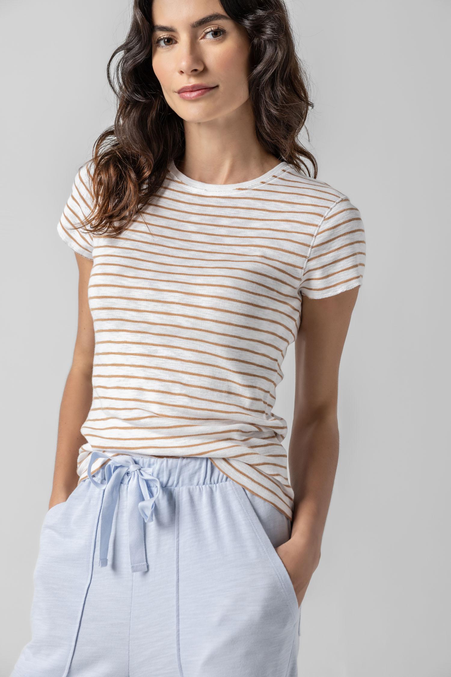 <p>This Striped Crewneck is a timeless tee with a slim shape designed to fit close to the body. Available in solid black and white, as well as three striped colorways, this classic silhouette is an essential addition to any wardrobe—proving that the perfect tee just got even better!</p> Womens Top Teak Stripe A1