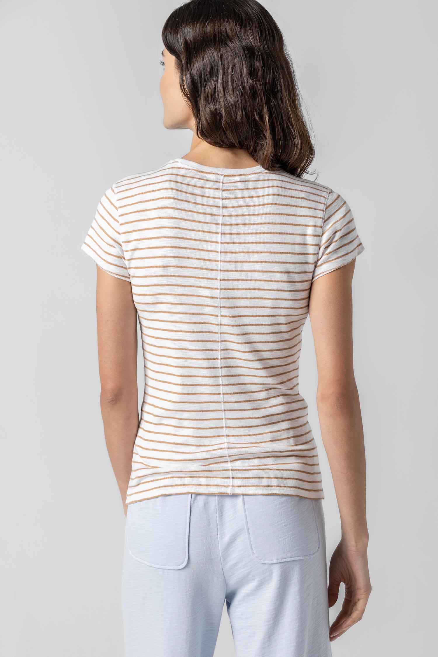 <p>This Striped Crewneck is a timeless tee with a slim shape designed to fit close to the body. Available in solid black and white, as well as three striped colorways, this classic silhouette is an essential addition to any wardrobe—proving that the perfect tee just got even better!</p> Womens Top Teak Stripe A2