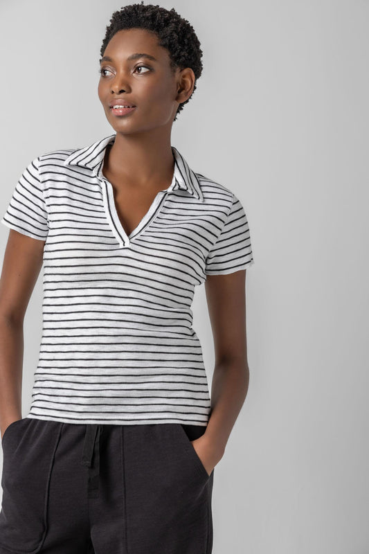 Striped Polo Tee Womens Top Black Stripe A1