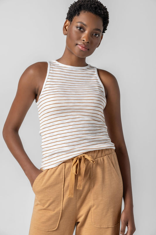 Striped High Neck Tank in color Teak Stripe Image A1