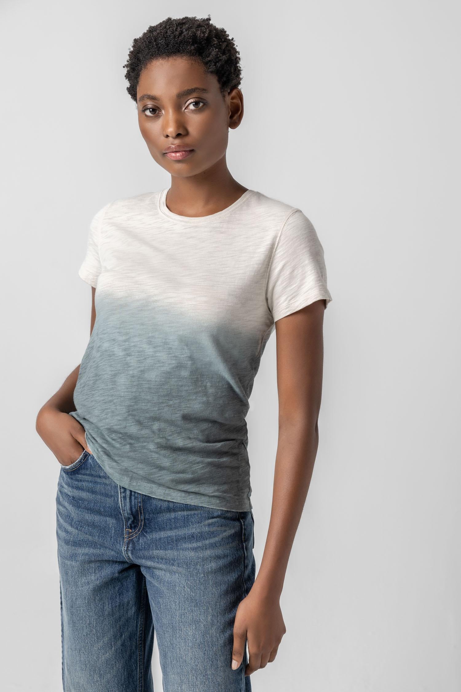 <p>We took a favorite silhouette and best-selling fabric and added a unique twist. Featuring the same flattering design as our solid version Using a hand-sprayed ombre effect, this tee has texture and adds novelty to your tee shirt collection. Designed with a back seam and a silhouette that skims the body without being too fitted, this style combines unique details with effortless wearability. It's the perfect addition to elevate your everyday looks.</p> Womens Top Vine Ombre A1