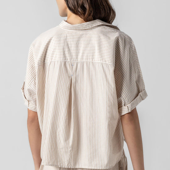 <p>In crisp poplin, the Striped Boxy Button Down features an oversized fit and shorter length for a relaxed, effortless look. The messy rolled cuffs add to its casual look, making it an easy choice for warm days. Pair it with the coordinating Striped Pocket Short for a head-to-toe look, or style it with one of our Air Textured Cotton bottoms for a balanced solid option.</p> Womens Top Flax Stripe A4