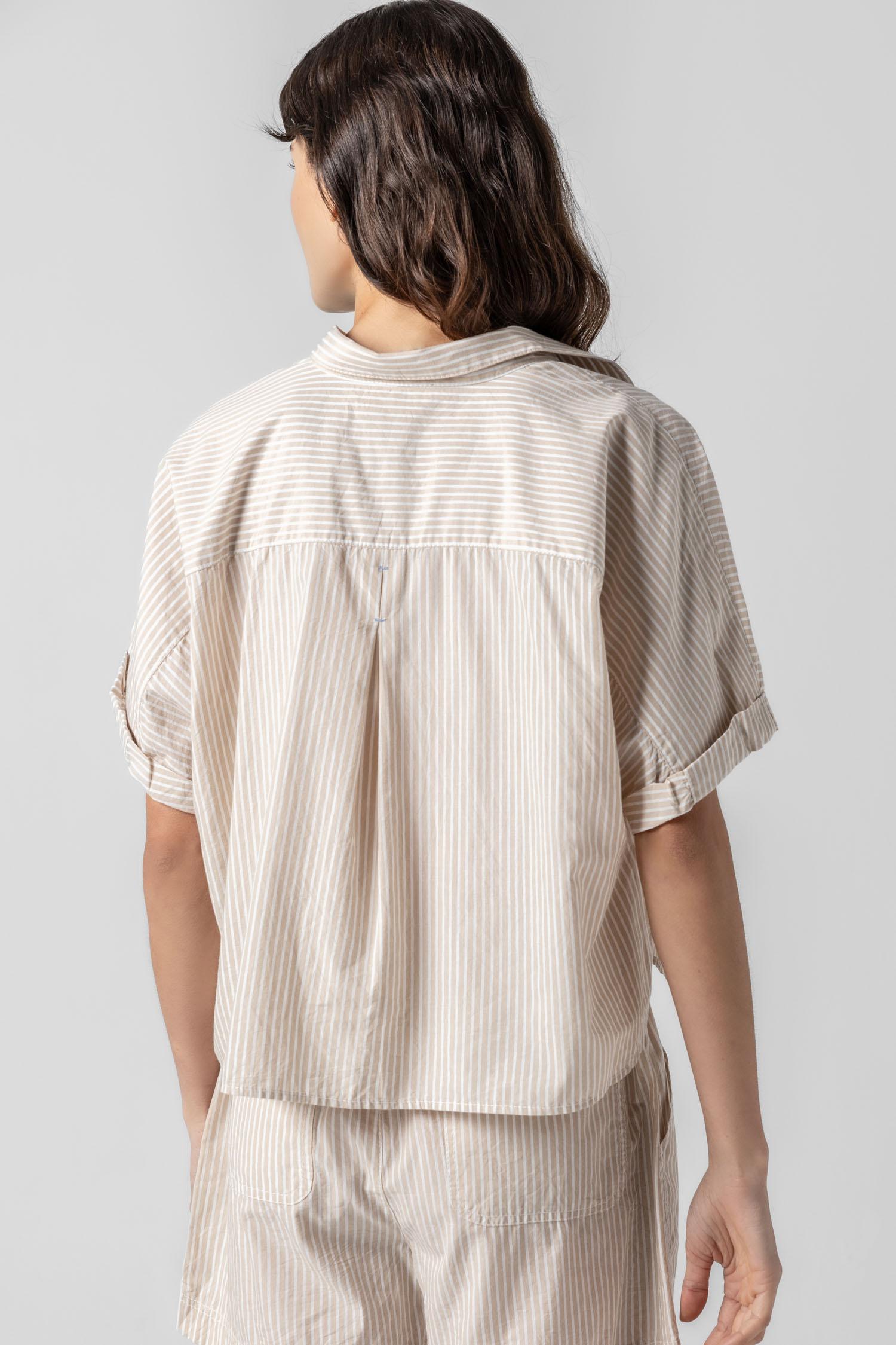 <p>In crisp poplin, the Striped Boxy Button Down features an oversized fit and shorter length for a relaxed, effortless look. The messy rolled cuffs add to its casual look, making it an easy choice for warm days. Pair it with the coordinating Striped Pocket Short for a head-to-toe look, or style it with one of our Air Textured Cotton bottoms for a balanced solid option.</p> Womens Top Flax Stripe A4