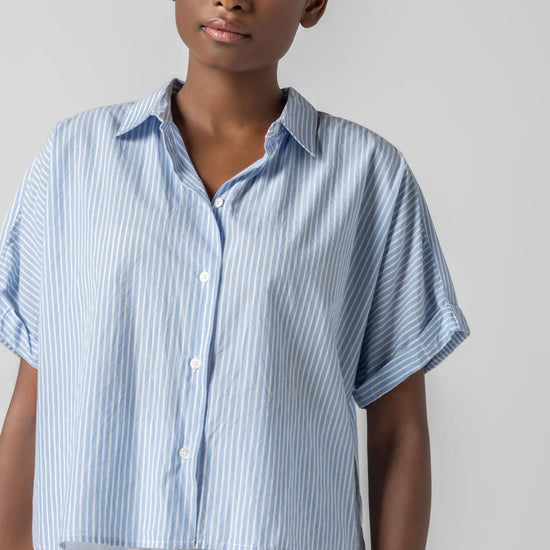 <p>In crisp poplin, the Striped Boxy Button Down features an oversized fit and shorter length for a relaxed, effortless look. The messy rolled cuffs add to its casual look, making it an easy choice for warm days. Pair it with the coordinating Striped Pocket Short for a head-to-toe look, or style it with one of our Air Textured Cotton bottoms for a balanced solid option.</p> Womens Top Malibu Stripe A1
