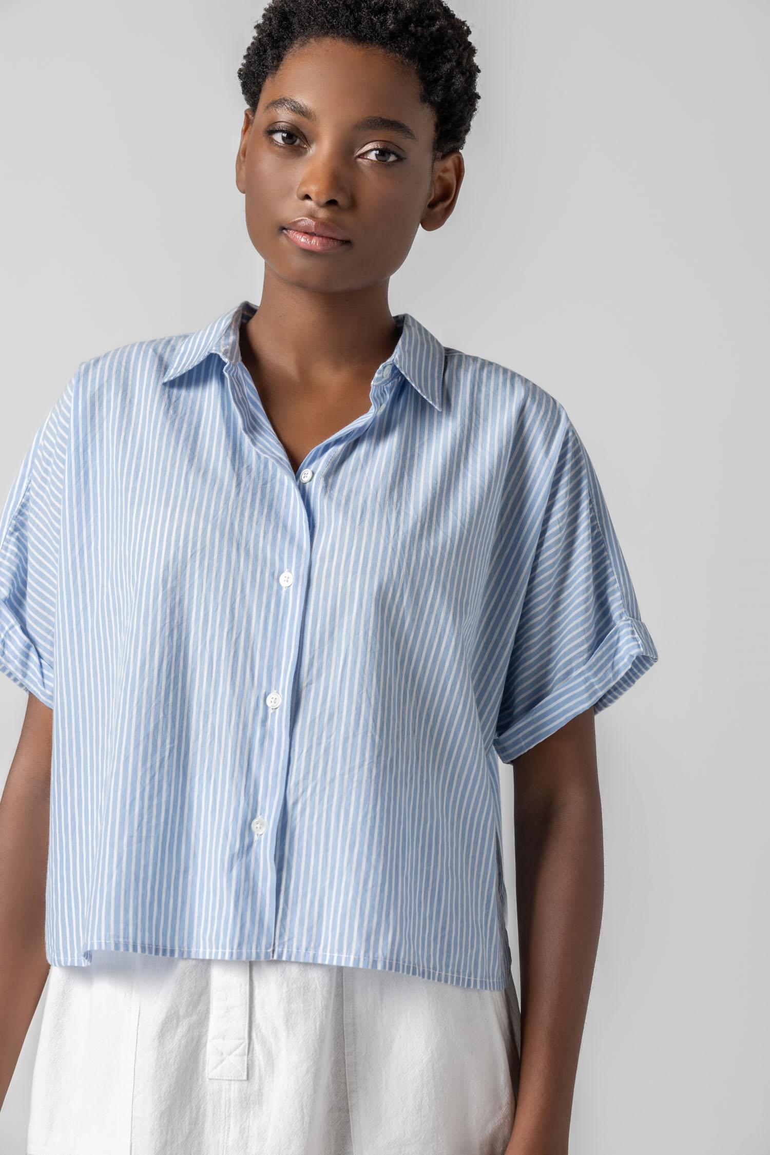<p>In crisp poplin, the Striped Boxy Button Down features an oversized fit and shorter length for a relaxed, effortless look. The messy rolled cuffs add to its casual look, making it an easy choice for warm days. Pair it with the coordinating Striped Pocket Short for a head-to-toe look, or style it with one of our Air Textured Cotton bottoms for a balanced solid option.</p> Womens Top Malibu Stripe A1
