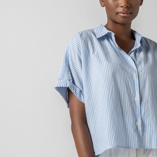 <p>In crisp poplin, the Striped Boxy Button Down features an oversized fit and shorter length for a relaxed, effortless look. The messy rolled cuffs add to its casual look, making it an easy choice for warm days. Pair it with the coordinating Striped Pocket Short for a head-to-toe look, or style it with one of our Air Textured Cotton bottoms for a balanced solid option.</p> Womens Top Malibu Stripe A2