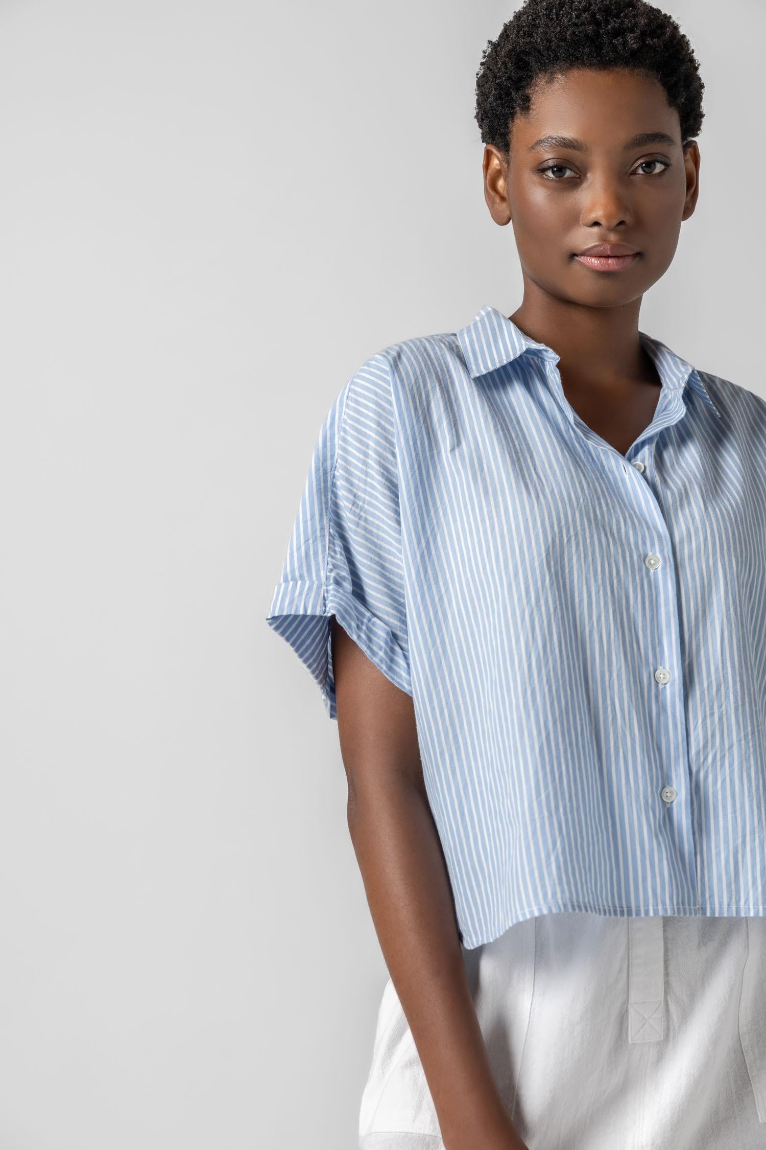 <p>In crisp poplin, the Striped Boxy Button Down features an oversized fit and shorter length for a relaxed, effortless look. The messy rolled cuffs add to its casual look, making it an easy choice for warm days. Pair it with the coordinating Striped Pocket Short for a head-to-toe look, or style it with one of our Air Textured Cotton bottoms for a balanced solid option.</p> Womens Top Malibu Stripe A2