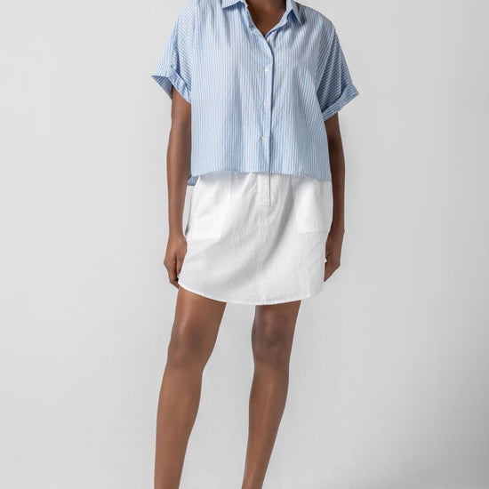 <p>In crisp poplin, the Striped Boxy Button Down features an oversized fit and shorter length for a relaxed, effortless look. The messy rolled cuffs add to its casual look, making it an easy choice for warm days. Pair it with the coordinating Striped Pocket Short for a head-to-toe look, or style it with one of our Air Textured Cotton bottoms for a balanced solid option.</p> Womens Top Malibu Stripe A3