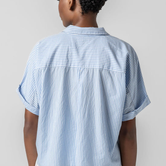 <p>In crisp poplin, the Striped Boxy Button Down features an oversized fit and shorter length for a relaxed, effortless look. The messy rolled cuffs add to its casual look, making it an easy choice for warm days. Pair it with the coordinating Striped Pocket Short for a head-to-toe look, or style it with one of our Air Textured Cotton bottoms for a balanced solid option.</p> Womens Top Malibu Stripe A4