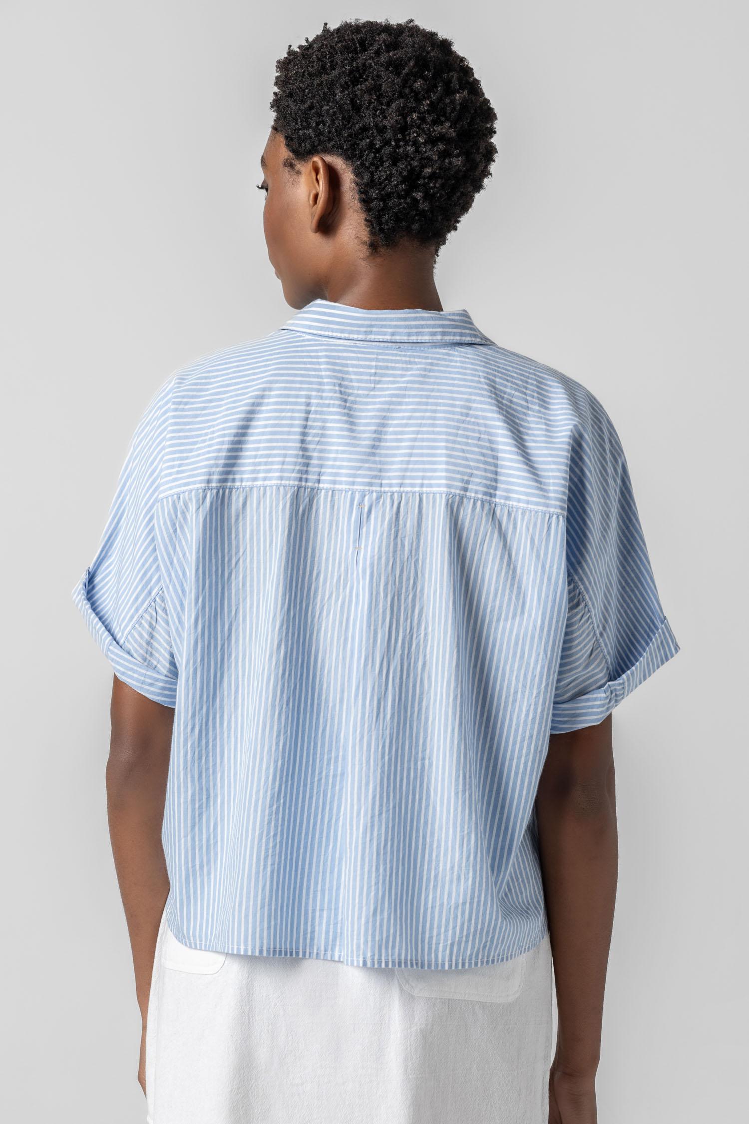 <p>In crisp poplin, the Striped Boxy Button Down features an oversized fit and shorter length for a relaxed, effortless look. The messy rolled cuffs add to its casual look, making it an easy choice for warm days. Pair it with the coordinating Striped Pocket Short for a head-to-toe look, or style it with one of our Air Textured Cotton bottoms for a balanced solid option.</p> Womens Top Malibu Stripe A4