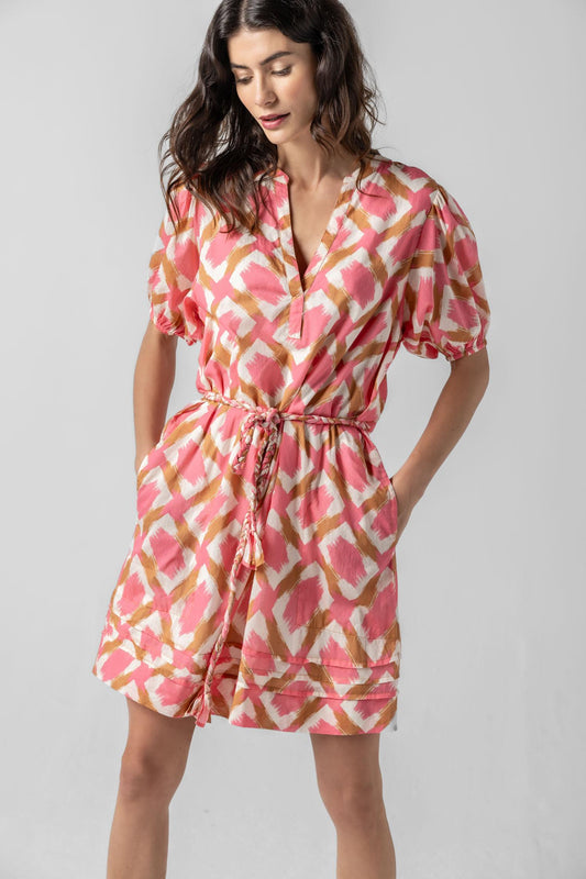 Shirred Elbow Sleeve Dress Womens Dress Punch Ikat Print A1