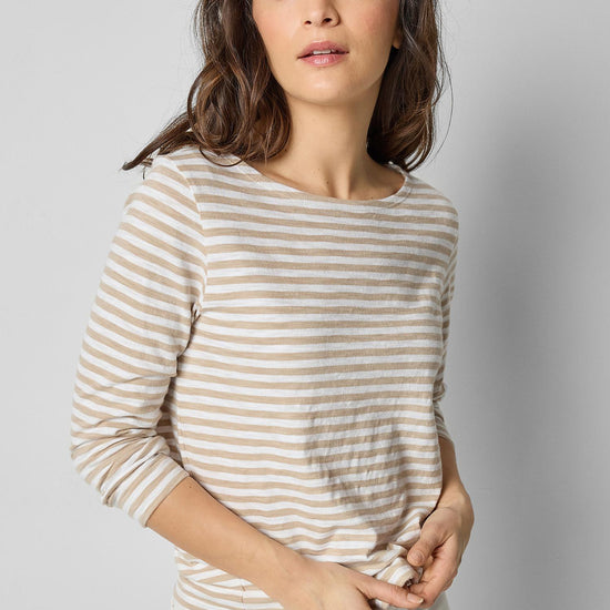 3/4 Sleeve Striped Boatneck in color Flax Stripe Image A1