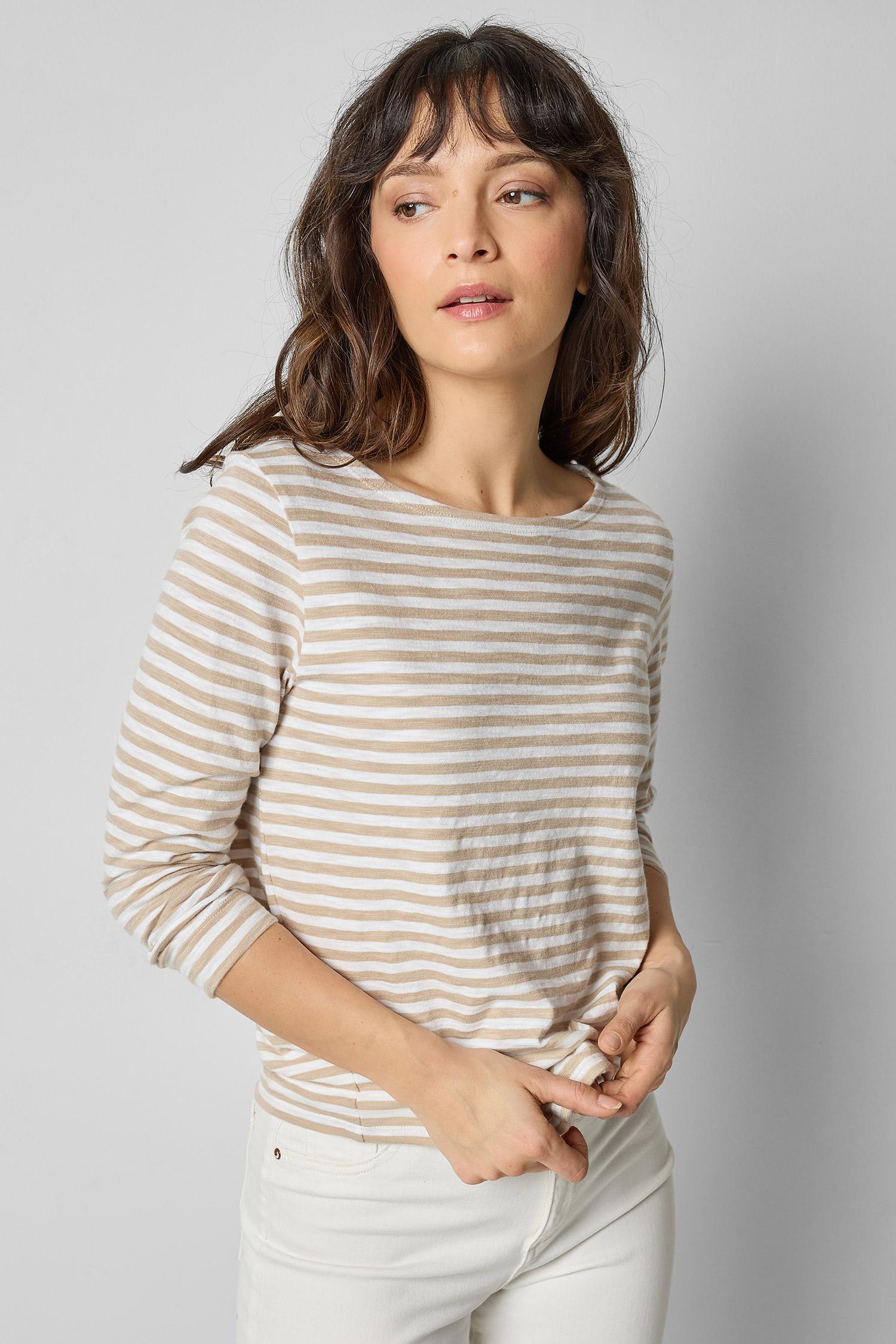 3/4 Sleeve Striped Boatneck in color Flax Stripe Image A1