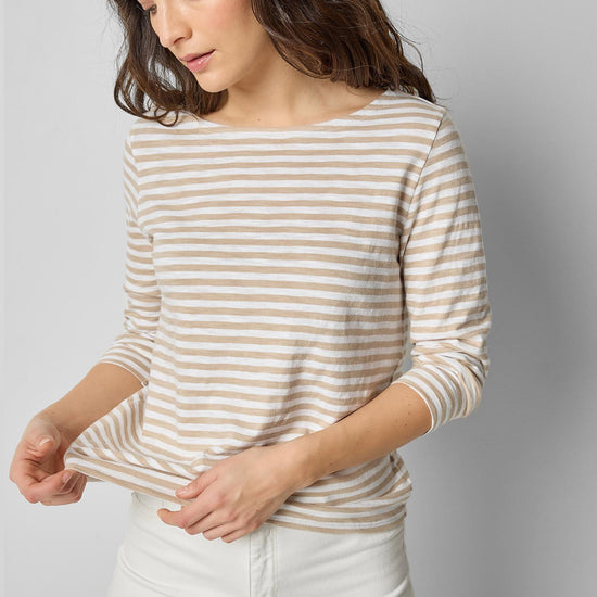 3/4 Sleeve Striped Boatneck in color Flax Stripe Image A3