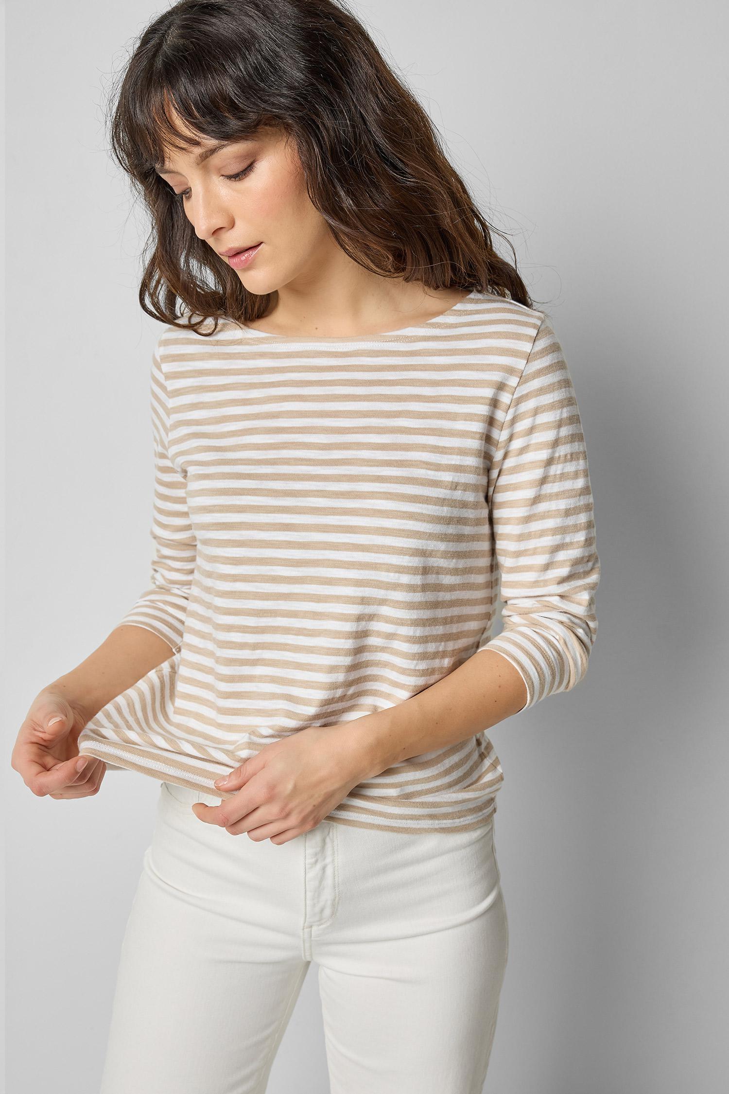 3/4 Sleeve Striped Boatneck in color Flax Stripe Image A3