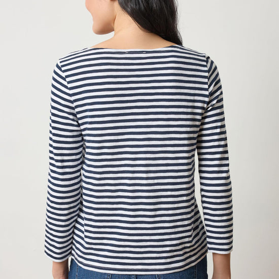 3/4 Sleeve Striped Boatneck in color Navy Stripe Image A2