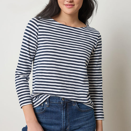 3/4 Sleeve Striped Boatneck in color Navy Stripe Image A3