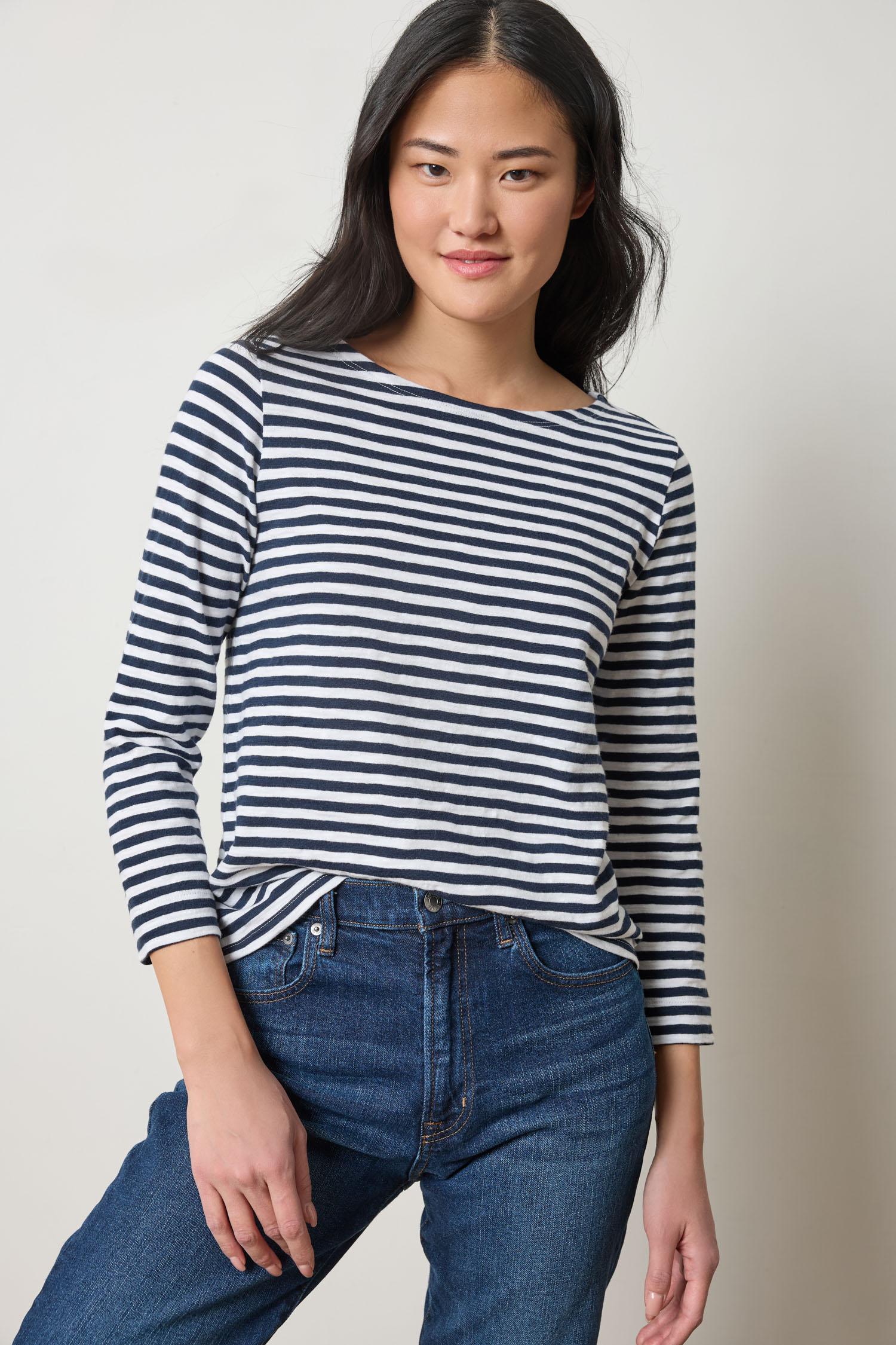 3/4 Sleeve Striped Boatneck in color Navy Stripe Image A3